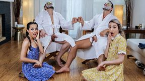Swap - Horny Babes Drool Over Their Stepdads Oiled Bodies