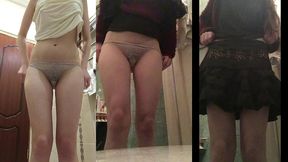 girl changes the pad during her period: a dirty daily pad for a regular one, and puts on a short skirt for a walk, 2 videos together