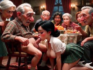 Elderly dinner turns explicit when an woman arrives to joy the guests (AI generated)