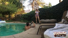 penny pax lifts her micro plaid skirt exposing her pussy by the pool!