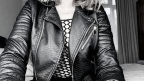 Sasha Bull Smoking in Leather, Gloves and Fishnet Black and White Version