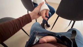 Pants down, surprised redhair in jeans; dental waitroom blowjob