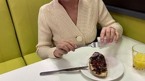 Matronly girl publicly eats sperm