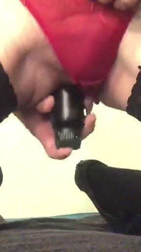 Blonde in Red String and Black Vibrator