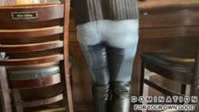 MILF Greta wets & re-wets herself, soaking her jeans and boots in a busy tavern!