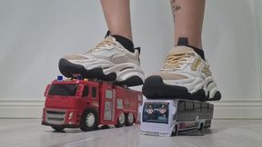 Sneakers Destroy Fire Truck & Bus – Slow Object Crush POV
