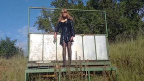 Crossdressing Gina Taking A Piss Down On The Farm