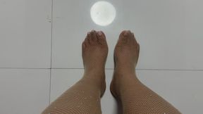 Giantess Cath Size 10 Feet in Skin-Tone Fishnets, Top View