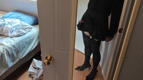 Crossdressing Office Slut Jacks off and Cums all over Stockings and Heels