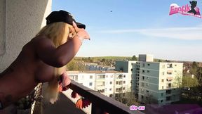 German homemade butt&#x1F351;-sex skank fuck on public balcony POV