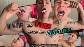 Justin eats fans turned into gummies! - wet chin and mouth in high quality