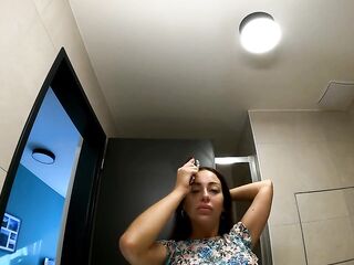 Large Butt Beauty in Hot Costume with and out of any Underclothing in the Washroom to flash twat and booty to tease