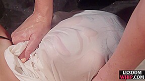 Lezdom foot fetish MILF fists and whips Asian sub in office