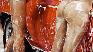 Hot naked asian babe and GFs washing car