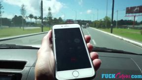 Petite beauty rides thick cock in public outdoor scene.