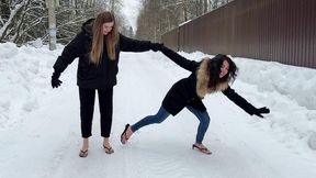 Girls in flip flops on ice, slippery shoes, sliding girls, slippery flip flops, feet in snow