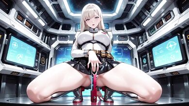 Blonde Astronaut in White Bodysuit Tracing Fingertips Along Stretched Waist Cockpit Cold Beauty