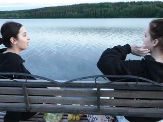 2 Cuties Took Their Raiment off on the Lake. a Passing Surfer Had Sex in the Open Air