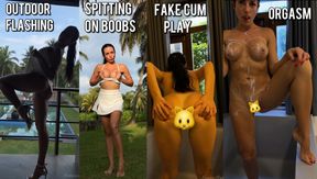 Outdoor flashing, modeling, spitting on boobs, fake cum play, vibrator, orgasm