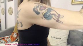 Girl jerks off while admiring her flabby arms and sloppy tits