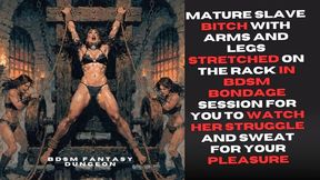 mature Slave bitch with arms and legs stretched on the rack in bdsm bondage session for you to watch her struggle and sweat for your pleasure copy