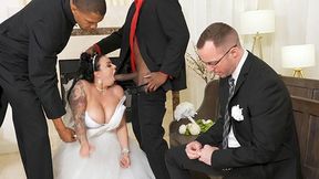 Interracial wedding booty gets pounded by hung studs in sweaty 3-way interracial gangbang.