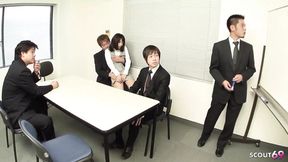 Skinniest Japanese secretary Arisa sucks bosses' cocks at office