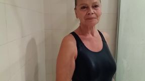 Grandma in a Tight Swimsuit Taking a Shower!