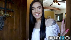 Inked brunette offers a guy to come in and fuck her