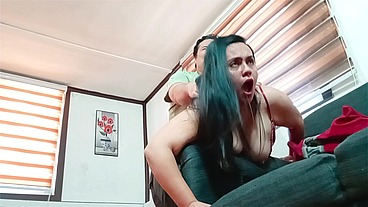 Big ass neighbor moans while her tits are squeezed - sex on the couch, amateur