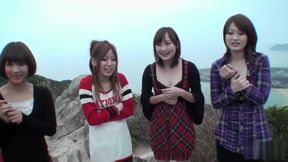 Four chicks naked on a hike