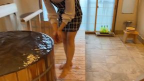 Japanese beauty breastfeeds and gives handjob in onsen