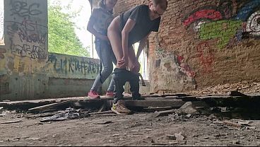 Outdoor strapon play in a dangerous public setting