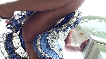 Lorine On The Bridge In Mini Dress, Pantyhose and Strappy High Heels No Panties On