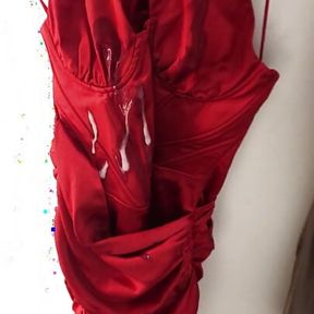 DOUBLE CUM onto Sexy Red Satin Dress in Changing Room