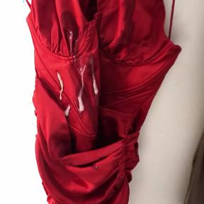 DOUBLE CUM onto Sexy Red Satin Dress in Changing Room