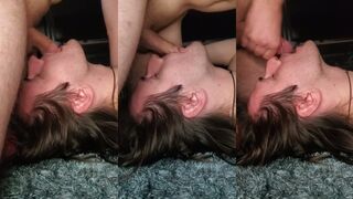 Watch Twink Feathers take a fresh load in her gullet after a wild fuck session with a hung stud