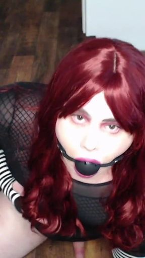 Mykella with Red Hair & Ball Gag Rides Dildo