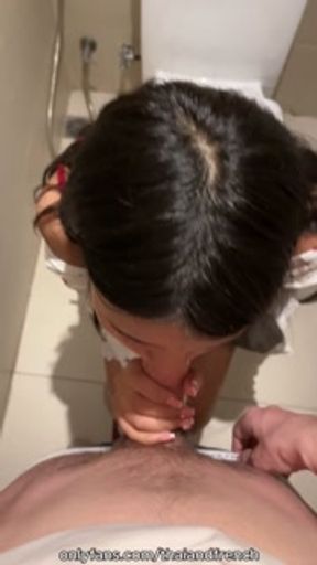 A beautiful 18 year old Asian girl sucks me off in a public restroom and I cum on her face
