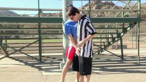 Brunette cheerleader gets banged doggystyle