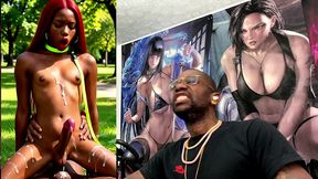 beautiful transgender ebony girl cums all over while getting anal fucked cowgirl style, ai generated