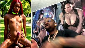 beautiful transgender ebony girl cums all over while getting anal fucked cowgirl style, ai generated