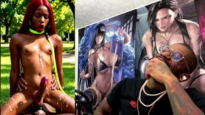 beautiful transgender ebony girl cums all over while getting anal fucked cowgirl style, ai generated