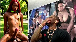 beautiful transgender ebony girl cums all over while getting anal fucked cowgirl style, ai generated