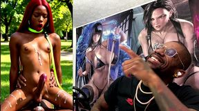 beautiful transgender ebony girl cums all over while getting anal fucked cowgirl style, ai generated