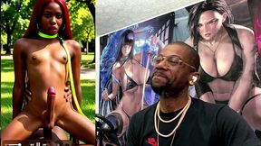 beautiful transgender ebony girl cums all over while getting anal fucked cowgirl style, ai generated
