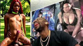 beautiful transgender ebony girl cums all over while getting anal fucked cowgirl style, ai generated