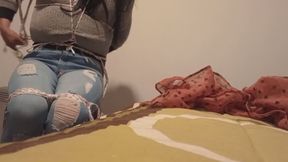 Crossdresser chairtied no play guitar tonight