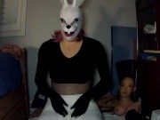 Bunny May Pt1! Female masked girl plays around with her white rabbit mask and her rubber body!