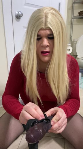 The Real Part 2 of Sexy Crossdresser Wearing a Fake Pussy and Heels Stockings Fucking Heralded with a Dildo